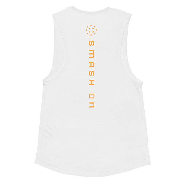 SLAMDINK Pickleball Women's White Muscle Tee with orange logo
