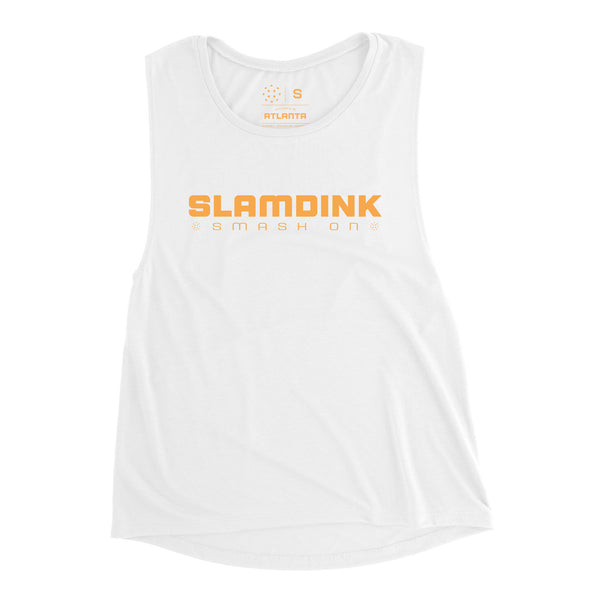 SLAMDINK Pickleball Women's White Muscle Tee with orange logo